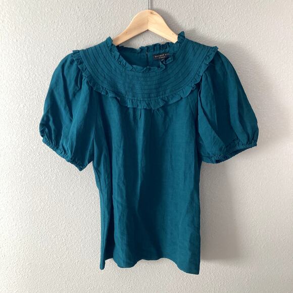 Current Air NEW Embroidered Ruffle Yoke Puff Sleeve Top - Green - Small - Picture 7 of 9